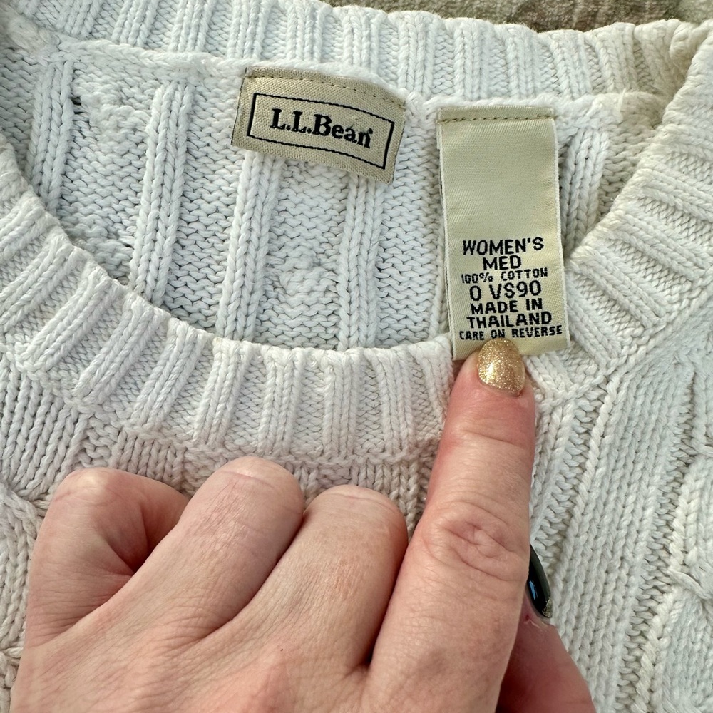 L.L. Bean Ivory Cable Knit Crewneck Sweater - Picture 2 of 6